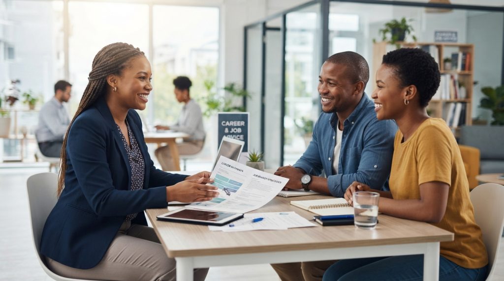 African lady helping an African couple with employability advice
